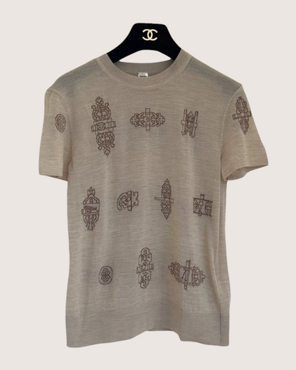 Hermès Wool Embroidered Sweater Beige/Ecru, Brown FR 34