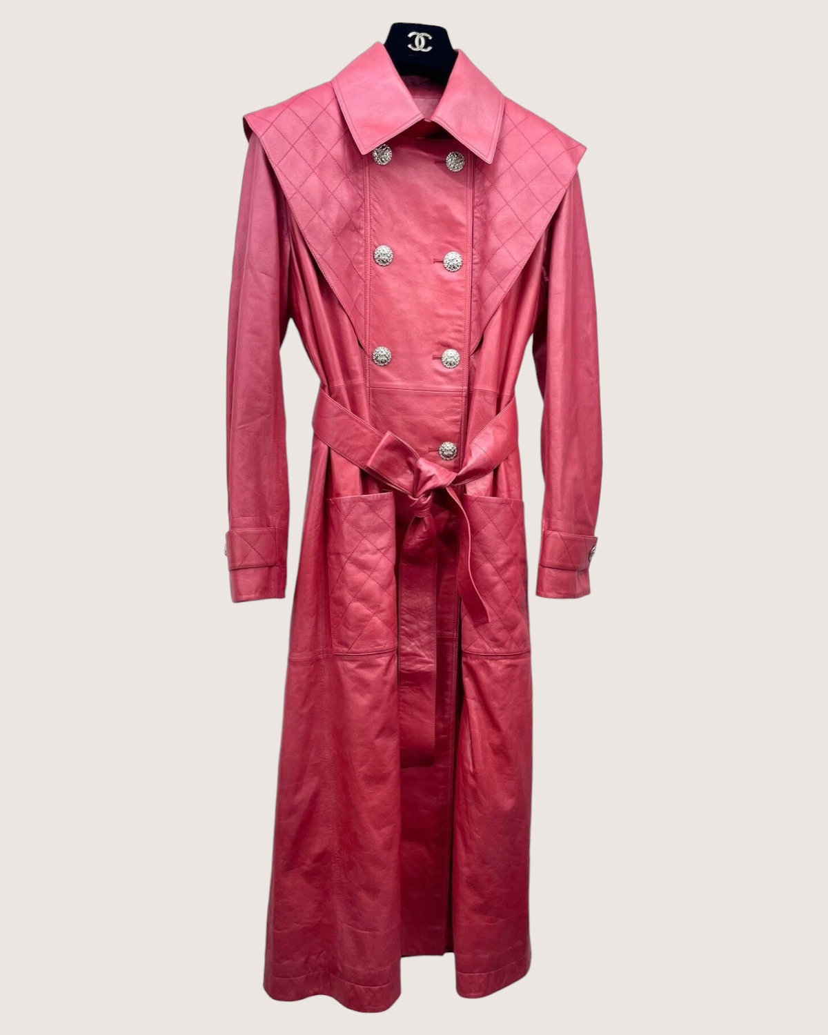 Chanel 20C Belted Leather Trench Coat Red FR 36