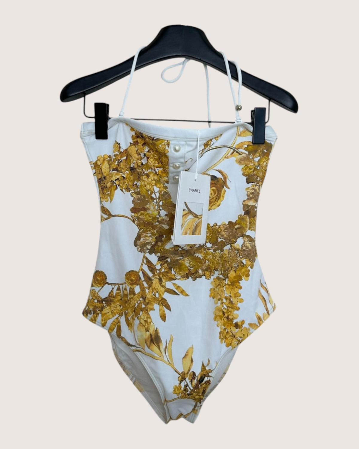 Chanel 18C Halter One-Piece Swimsuit Beige/Ecru, Gold FR 36