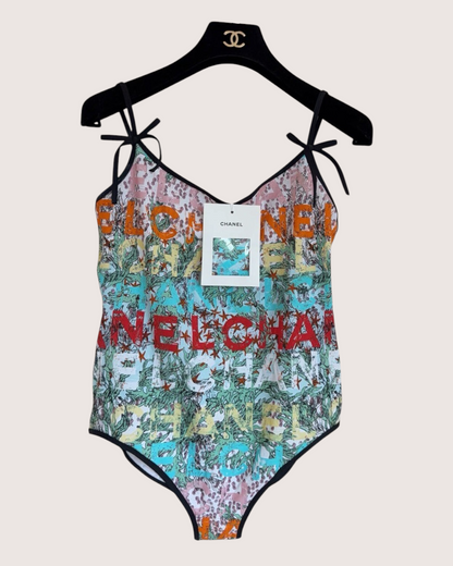 Chanel 26M Coco Beach Graffiti One-Piece Swimsuit Red, Green, Multicolor FR 36