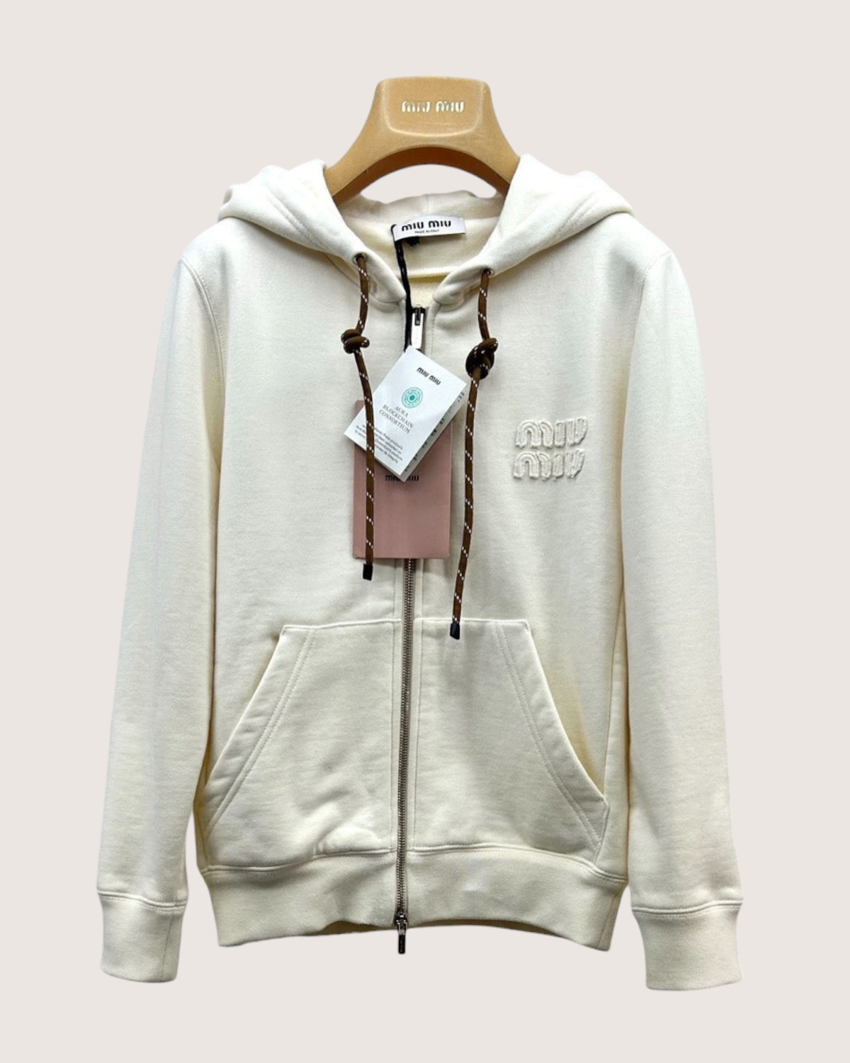Miu Miu Embroidered Logo Zip-Up Hoodie Beige/Ecru FR 34