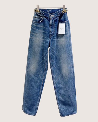 Celine Denim Wide-Leg Gold-Buckle Jeans Blue W28
