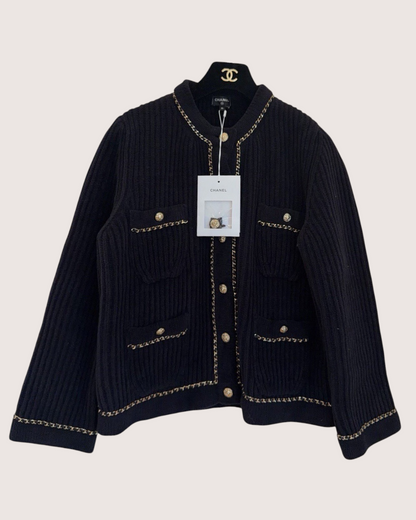Chanel 22B Ribbed Chain-Trim Cardigan Black, Gold FR 36