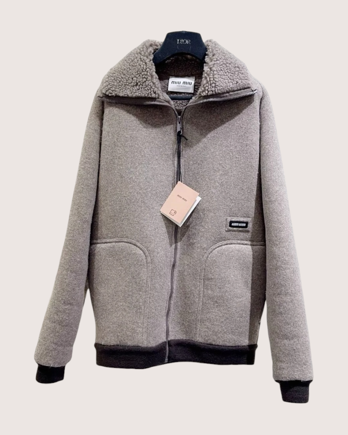 Miu Miu Wool Shearling-Collar Zip-Up Jacket Beige/Ecru, Black FR 36
