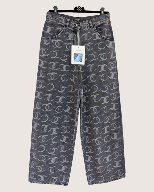Chanel 23N Coco Neige Wide-Leg Denim Jeans Grey FR 38