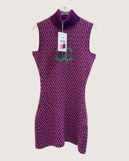 Chanel 21K Cashmere CC Chevron Turtleneck Mini Dress Purple, Pink FR 34