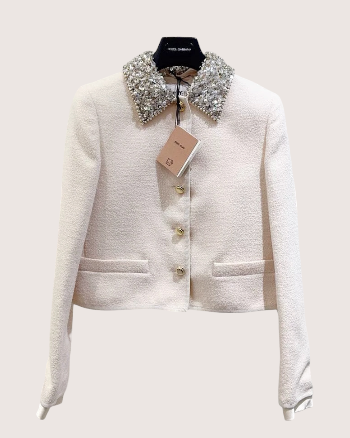 Miu Miu Crystal-Collar Tweed Jacket White, Silver FR 38