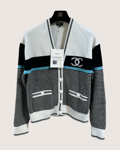 Chanel 22B CC Striped Cardigan White, Black, Blue FR 36