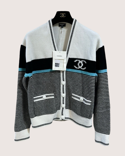 Chanel 22B CC Striped Cardigan White, Black, Blue FR 36