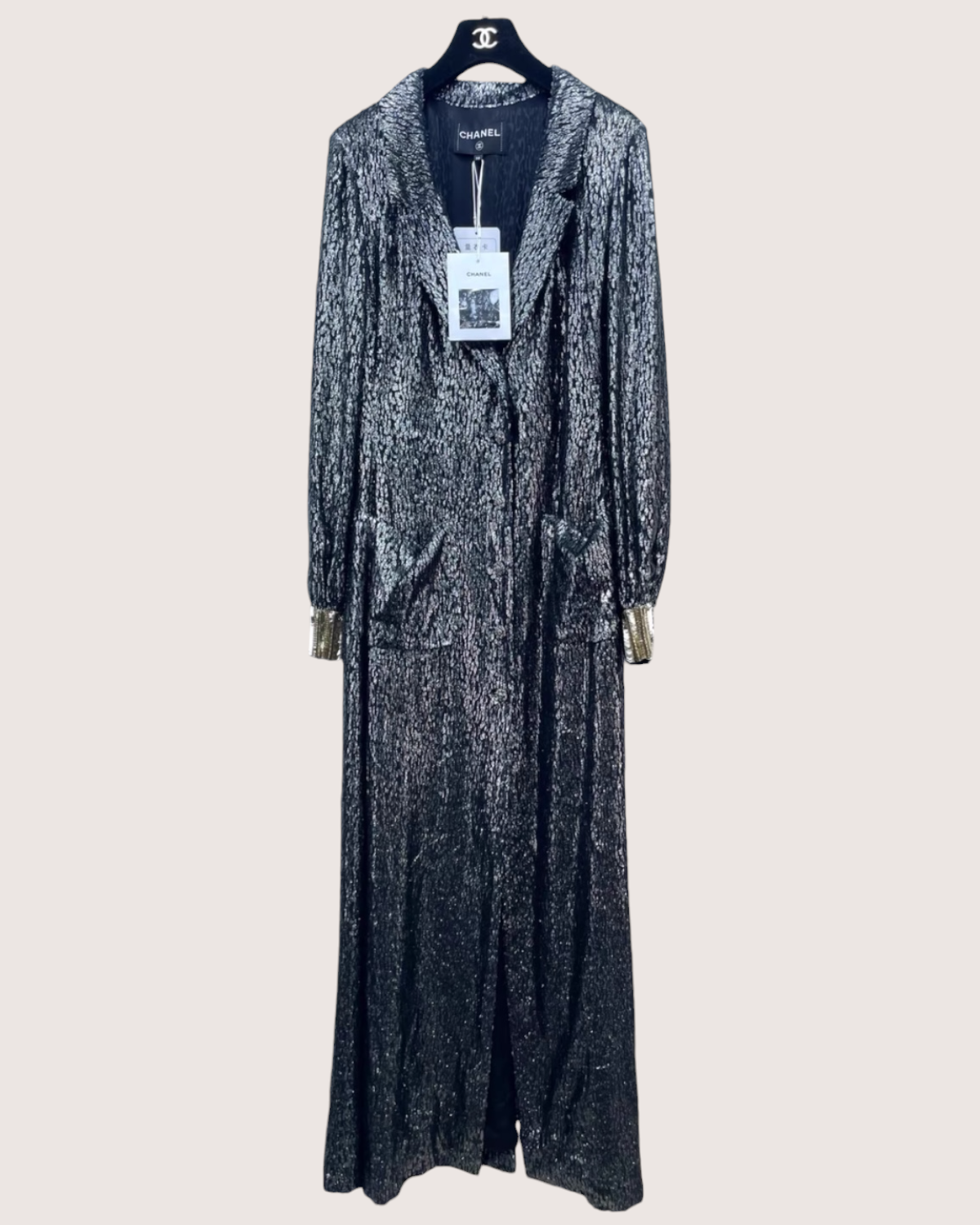 Chanel 22K Metallic Maxi Dress Silver, Black FR 38