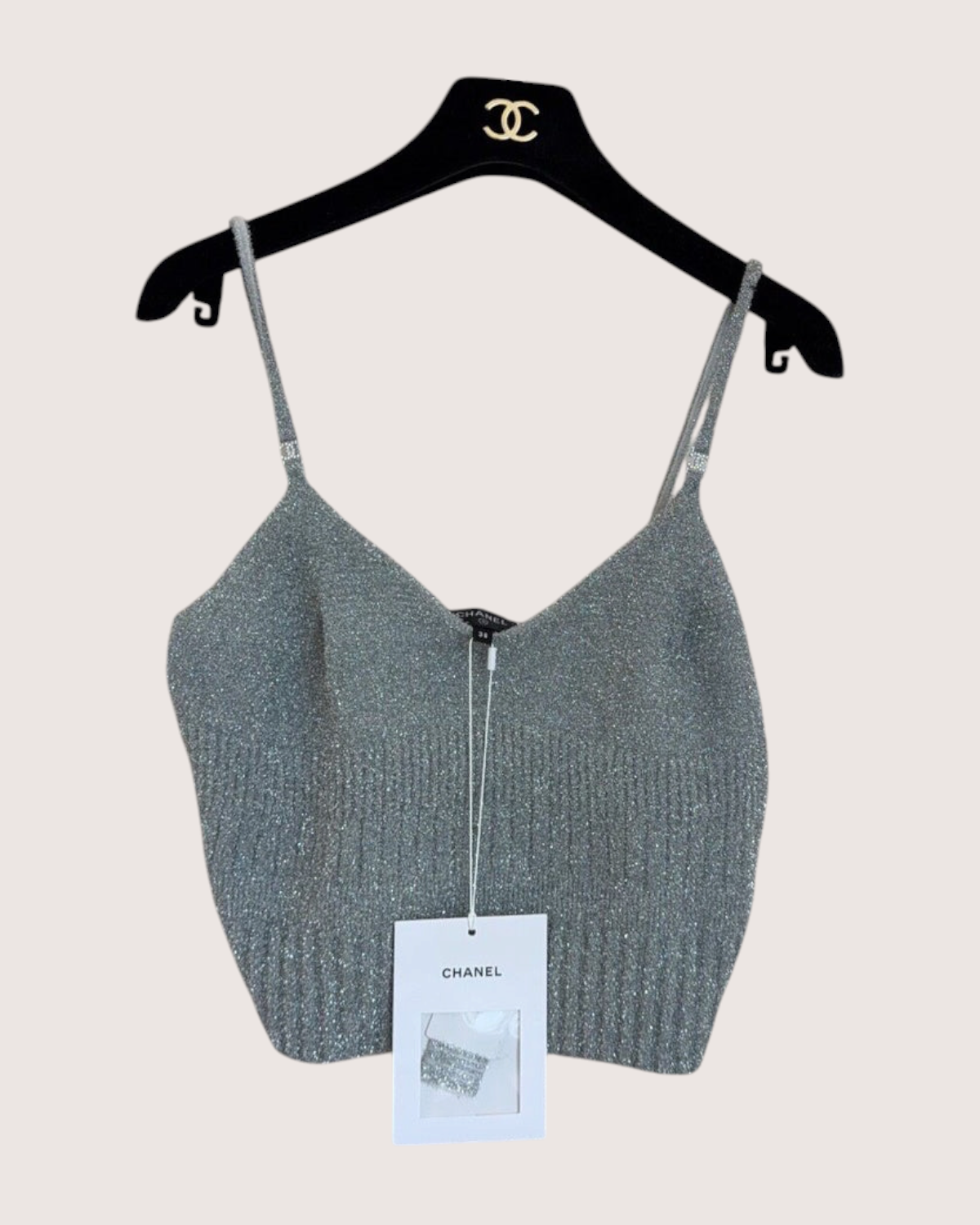 Chanel 22A Metallic Strappy Top Silver, Grey FR 38