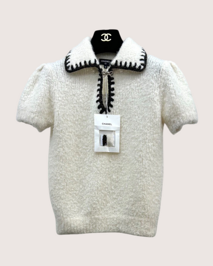 Chanel 25N Coco Neige Cashmere Bow Collar Ski Top White, Black FR 36