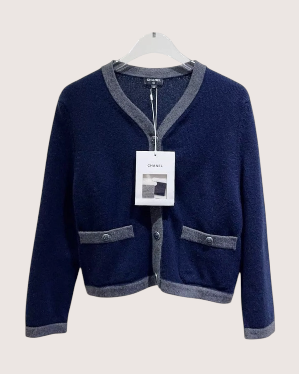 Chanel Cashmere Cardigan Navy, Grey FR 34