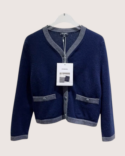 Chanel Cashmere Cardigan Navy, Grey FR 34