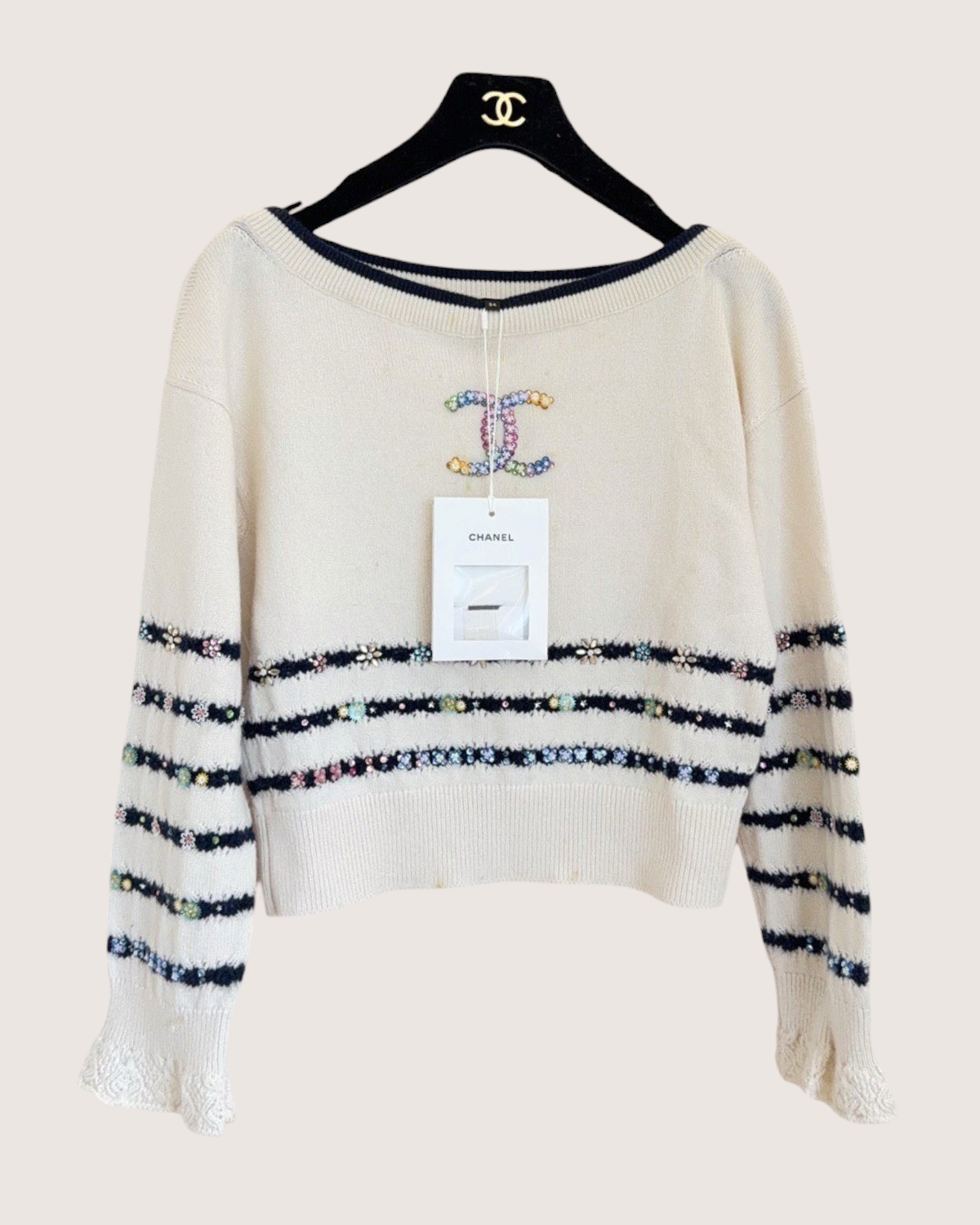 Chanel 23C Cashmere CC Sequin Striped Sweater Beige/Ecru, Black, Multicolor FR 34