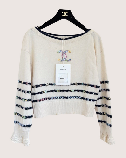 Chanel 23C Cashmere CC Sequin Striped Sweater Beige/Ecru, Black, Multicolor FR 34