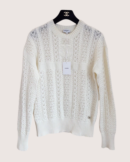 Chanel 24M Coco Beach Openwork CC Logo Sweater Beige/Ecru FR 34
