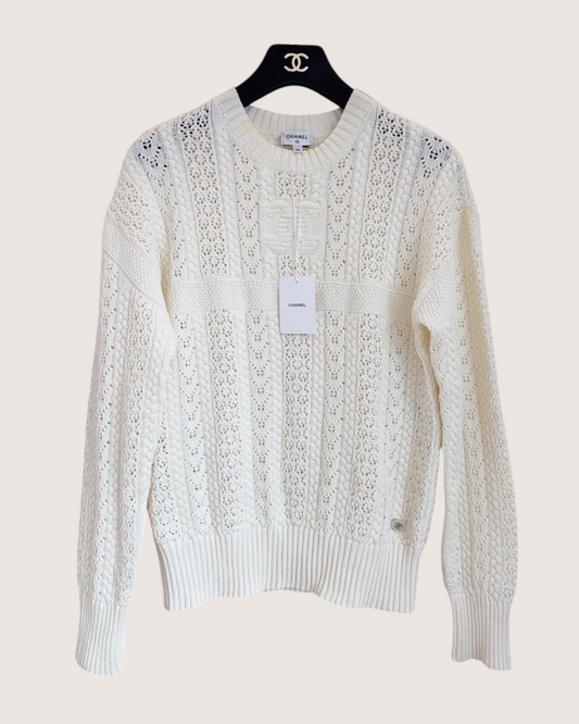 Chanel 24M Coco Beach Openwork CC Logo Sweater Beige/Ecru FR 34