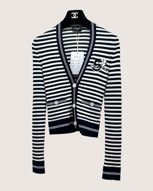Chanel 23C Striped Cardigan - Navy, White