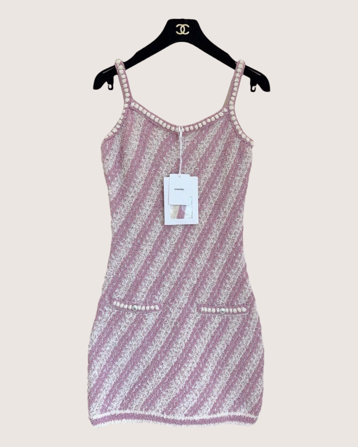 Chanel 23S Diagonal-Stripe Strappy Mini Dress Pink, Beige/Ecru FR 36