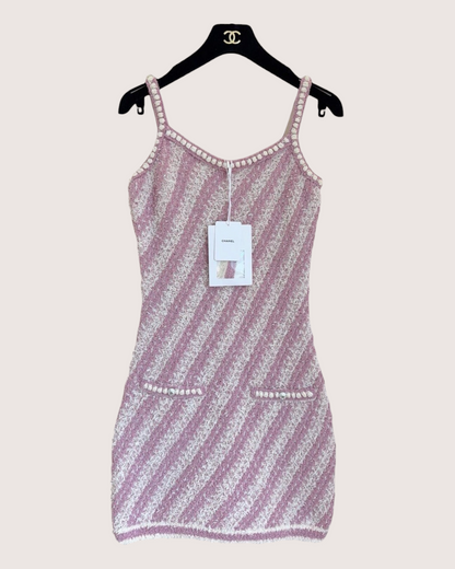 Chanel 23S Diagonal-Stripe Strappy Mini Dress Pink, Beige/Ecru FR 36