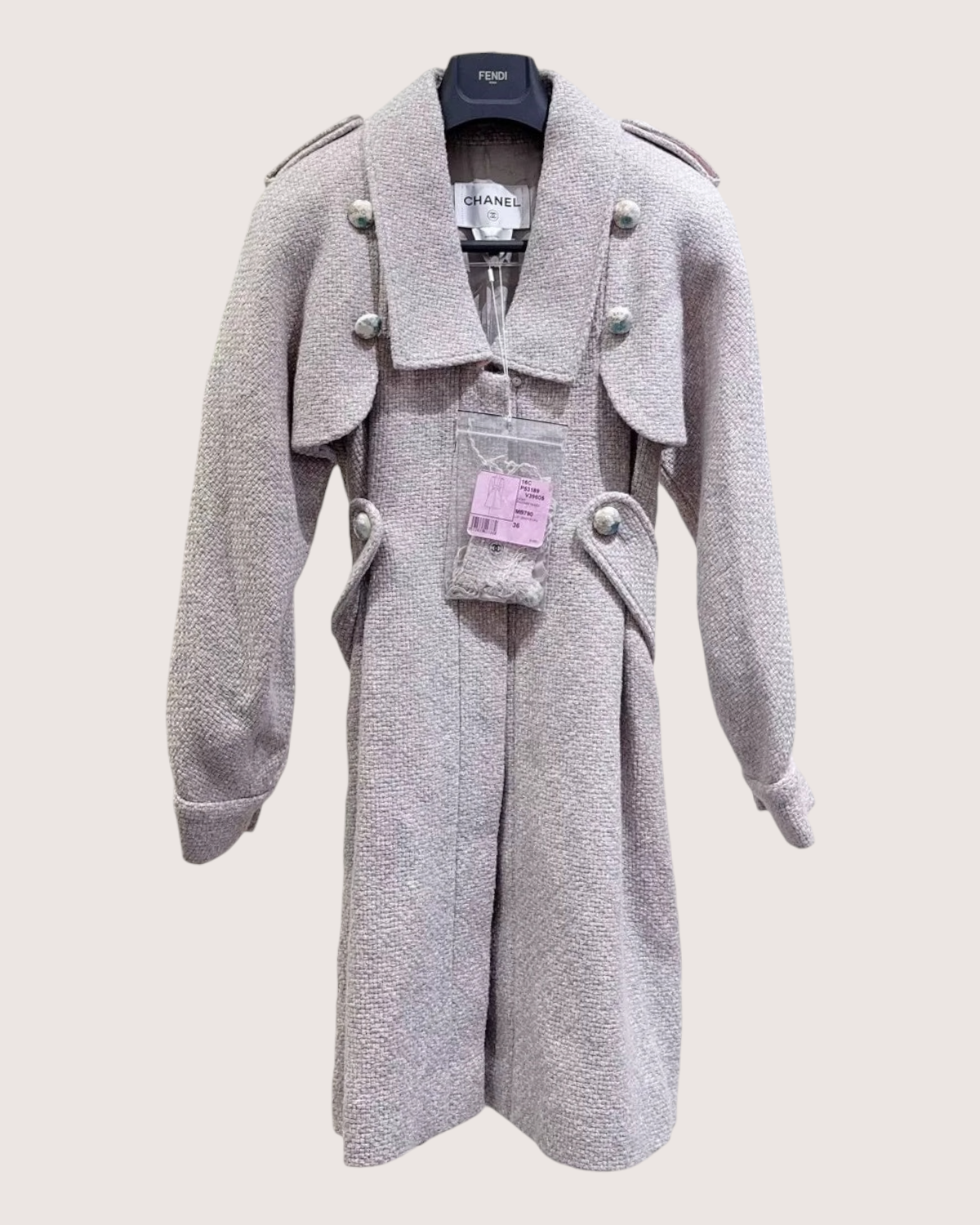 Chanel 16C Tweed Coat Grey, Beige/Ecru FR 36