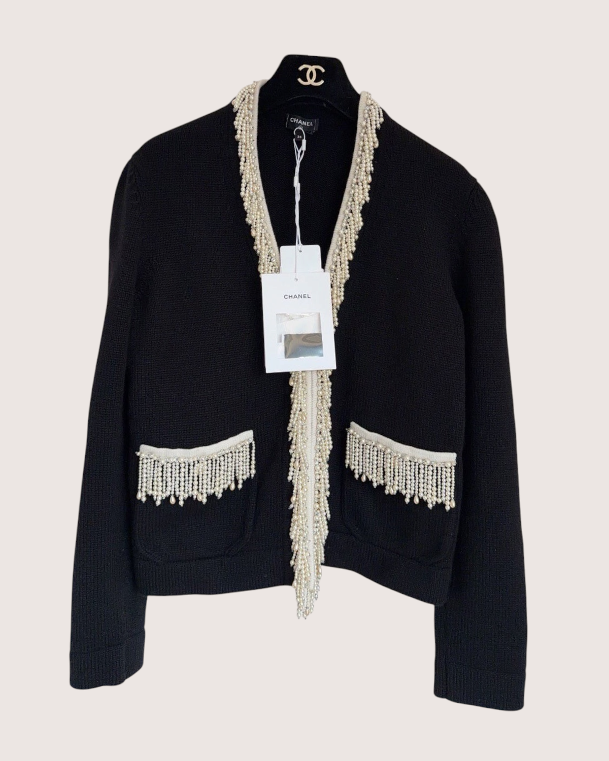 Chanel 21K Cashmere Pearl-Fringe Cardigan Black, Beige/Ecru FR 34