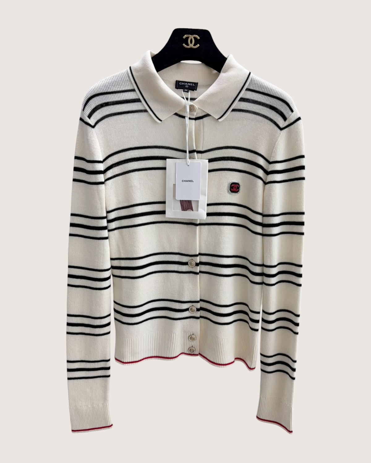 Chanel 26C Striped Knit Polo Cardigan Beige/Ecru, Black, Red FR 34