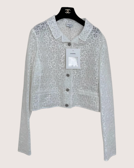 Chanel 24S Camellia Sequin Jacket White FR 44