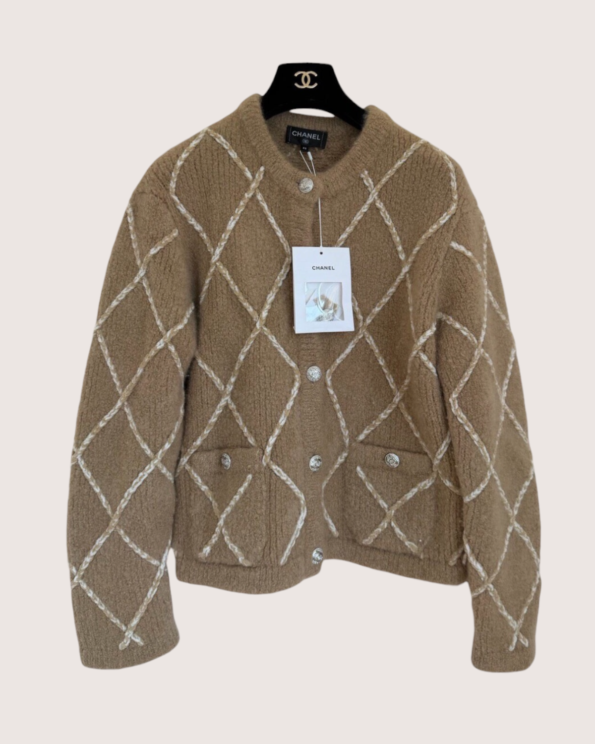 Chanel 23N Coco Neige Cashmere Argyle Cardigan Brown, Beige/Ecru FR 38