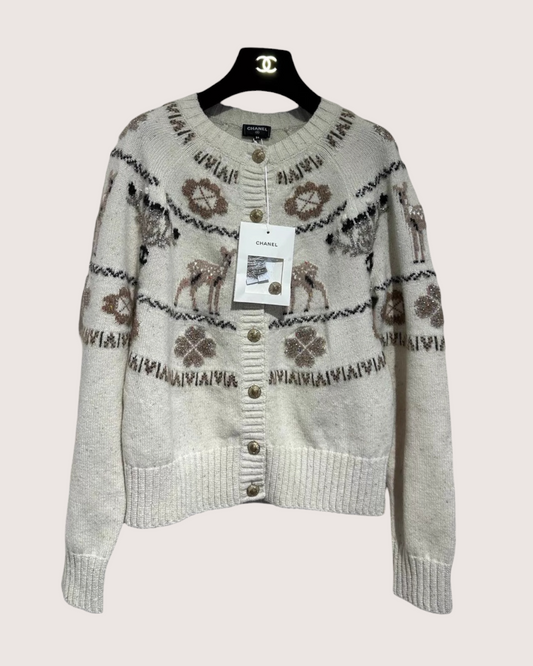 Chanel 25N Deer Cashmere Cardigan Beige/Ecru FR 34
