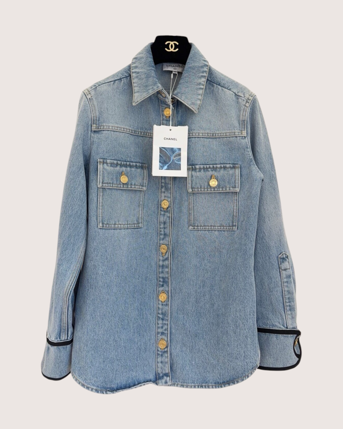 Chanel 26C Contrast-Trim Denim Shirt Blue FR 36