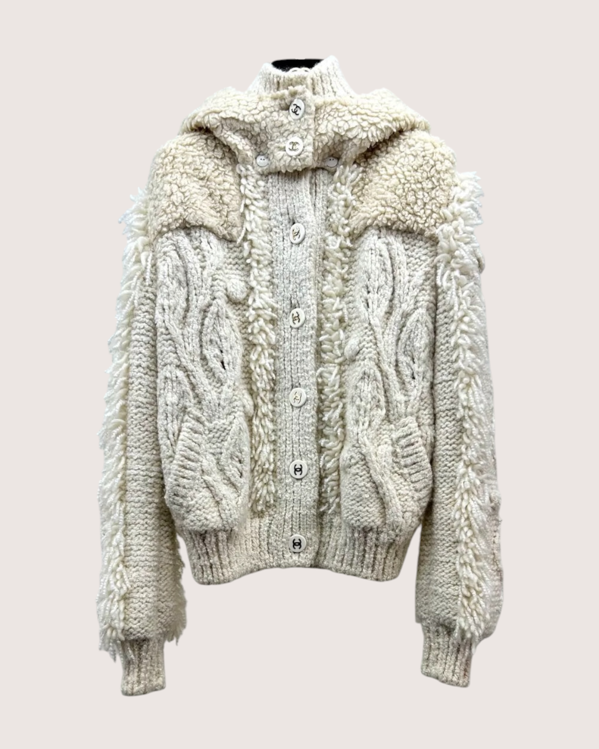 Chanel 18B Wool Cardigan w/ Detachable Hood Beige/Ecru FR 34
