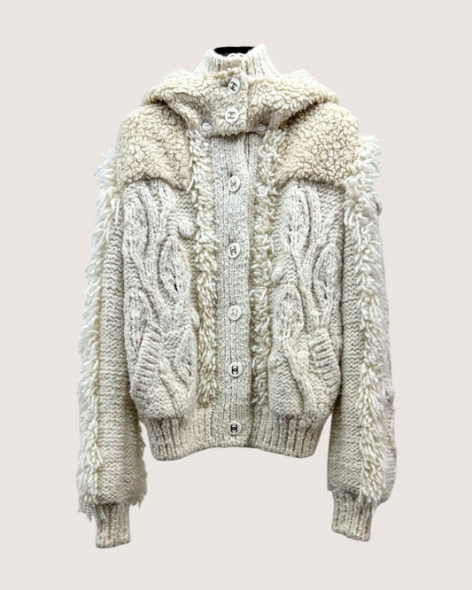Chanel 18B Wool Cardigan w/ Detachable Hood - Beige/Ecru