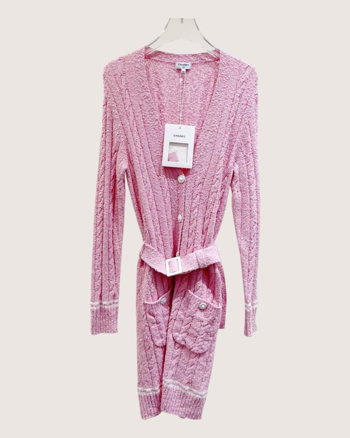 Chanel 22P Belted Bouclé Cardigan Pink, White FR 34