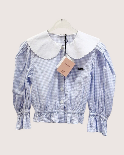 Miu Miu Gingham Peter Pan-Collar Shirt Blue, White
