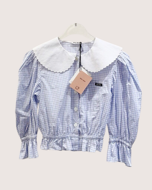 Miu Miu Gingham Peter Pan-Collar Shirt Blue, White