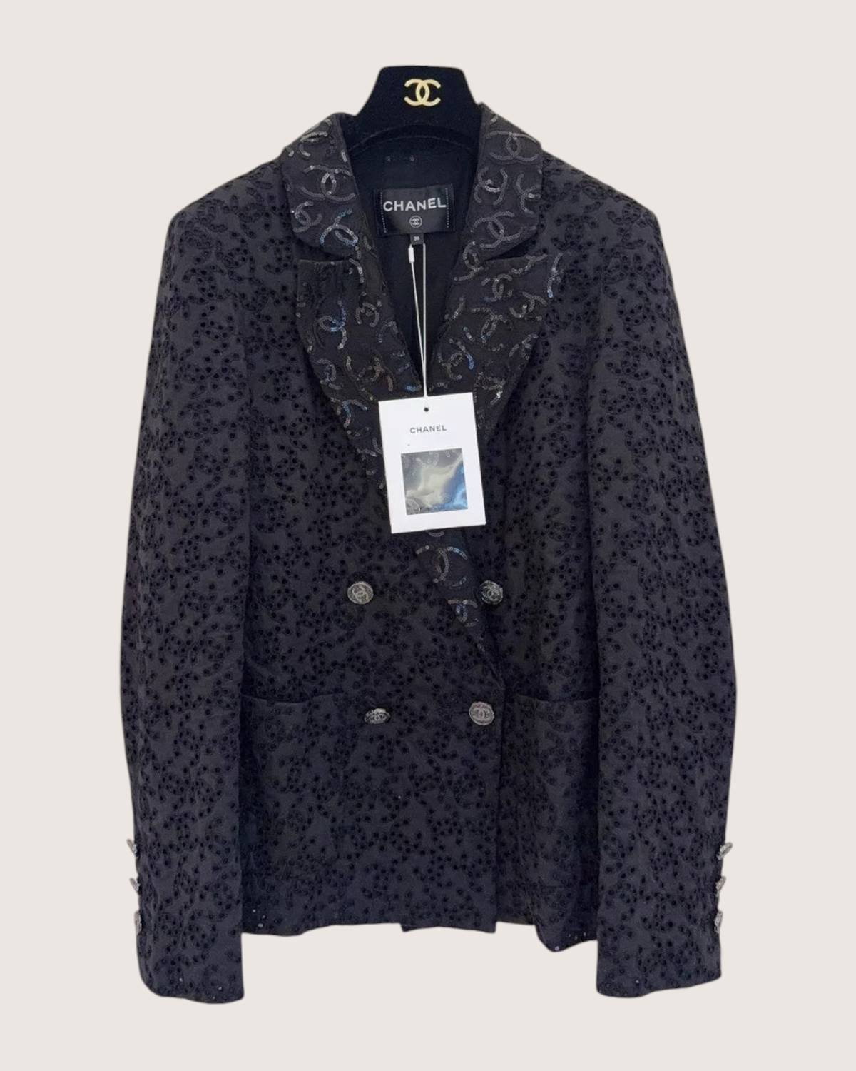 Chanel 21P Sequin Double-Breasted Openwork CC Jacket Black FR 36