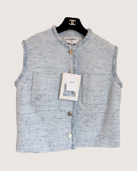 Chanel 26P Sequin Tweed Vest Blue, White FR 34