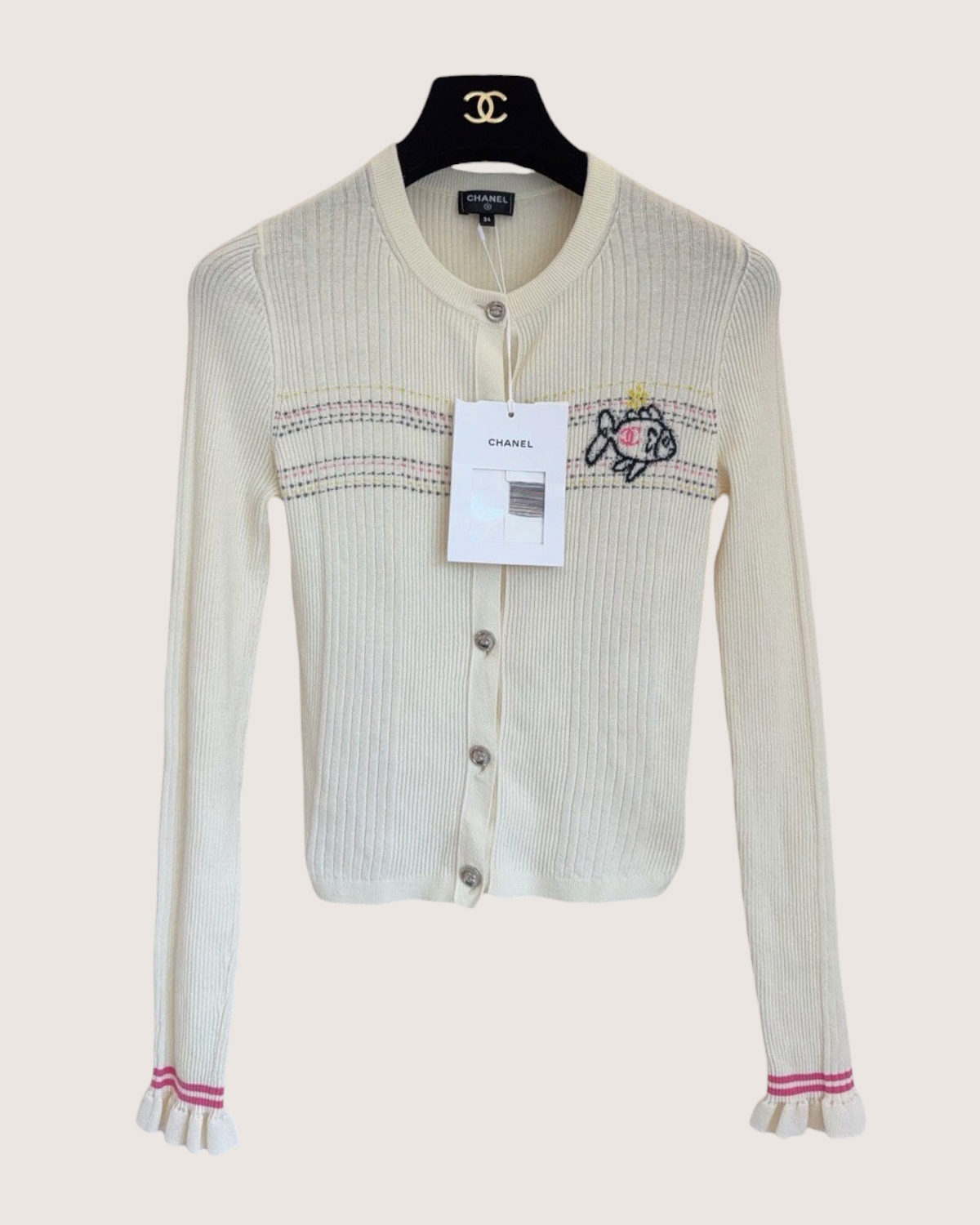 Chanel 25C Fish Logo Cardigan Beige/Ecru, Pink FR 34