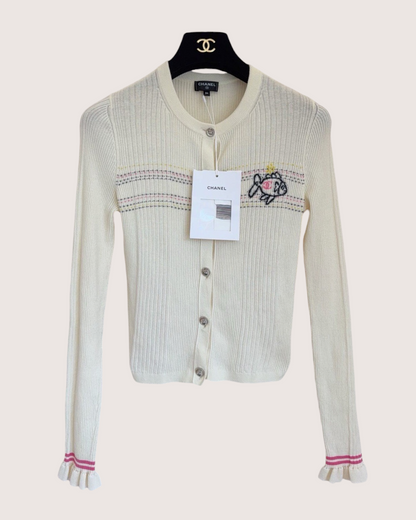 Chanel 25C Fish Logo Cardigan Beige/Ecru, Pink FR 34