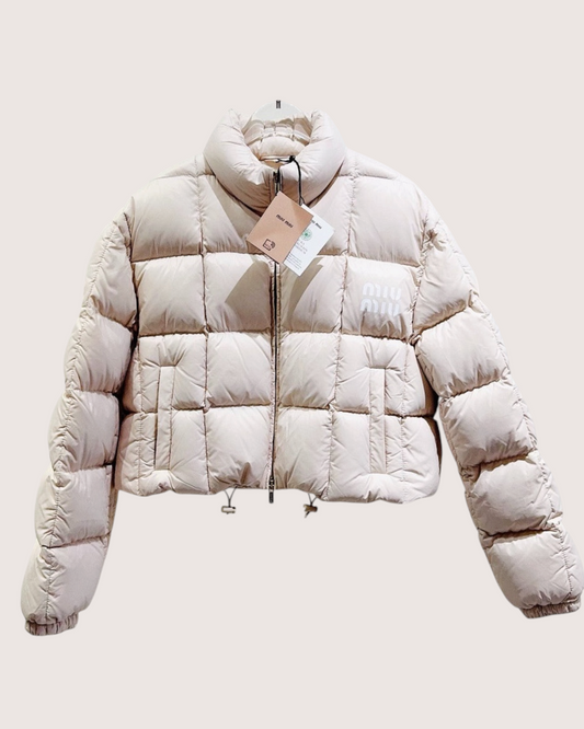 Miu Miu Cropped Quilted Logo Jacket - Beige/Ecru