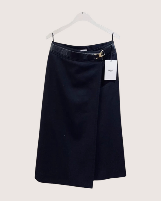 Celine Wool Wrap Mid-Length Skirt Black FR 36