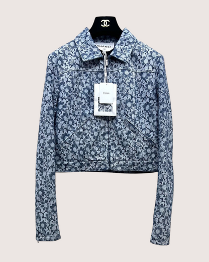 Chanel 24B CC Floral Denim Jacket Blue, White FR 40
