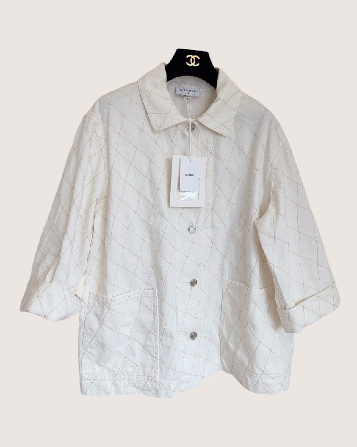 Chanel 26M Coco Beach Plaid Denim Shirt White, Beige/Ecru FR 38