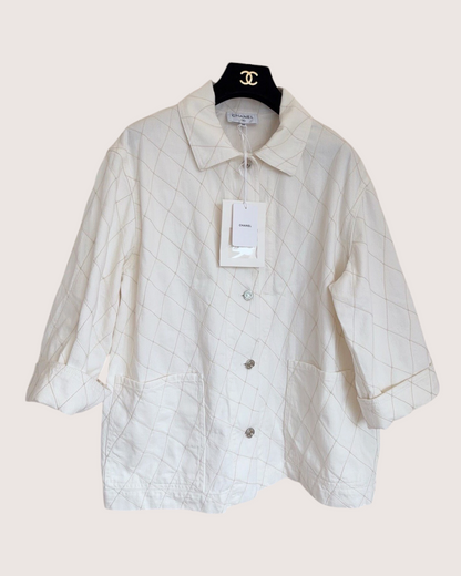 Chanel 26M Coco Beach Plaid Denim Shirt White, Beige/Ecru FR 38