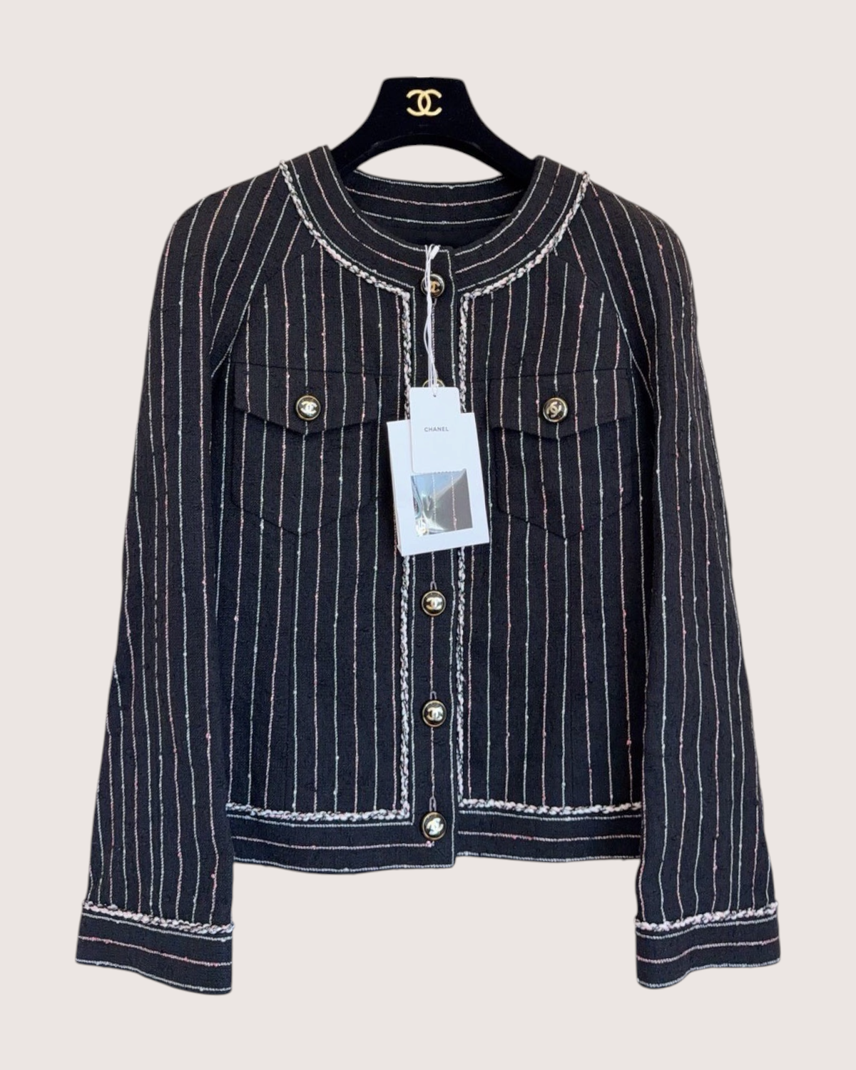 Chanel 23P Striped Tweed Jacket Black, White, Pink FR 34
