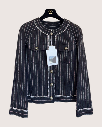 Chanel 23P Striped Tweed Jacket Black, White, Pink FR 34