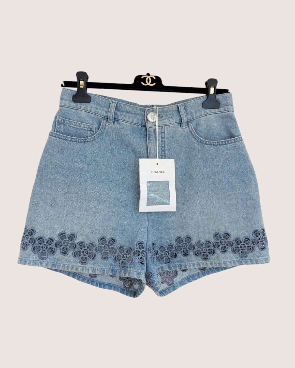 Chanel 24P Floral Lace Denim Shorts Blue, Black FR 34