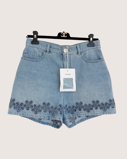 Chanel 24P Floral Lace Denim Shorts Blue, Black FR 34